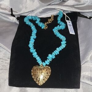 Atterri Turquoise Chip Bead Necklace with Gold Heart Pendant  Bnwt 18"  + Ext Ta